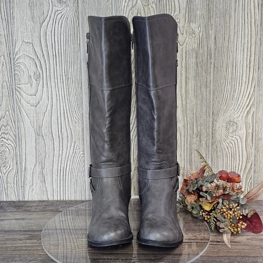 G by GUESS Tall Riding Boots‎ Gray Faux Leather Buckle Zip Women's 7.5M